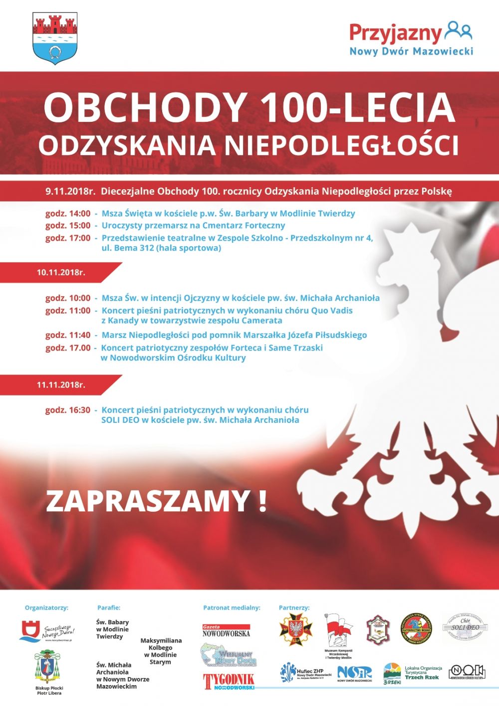 9-11.11.2018 r. zapraszamy na obchody 100-lecia Odzyskania Niepodległości przez Polskę.