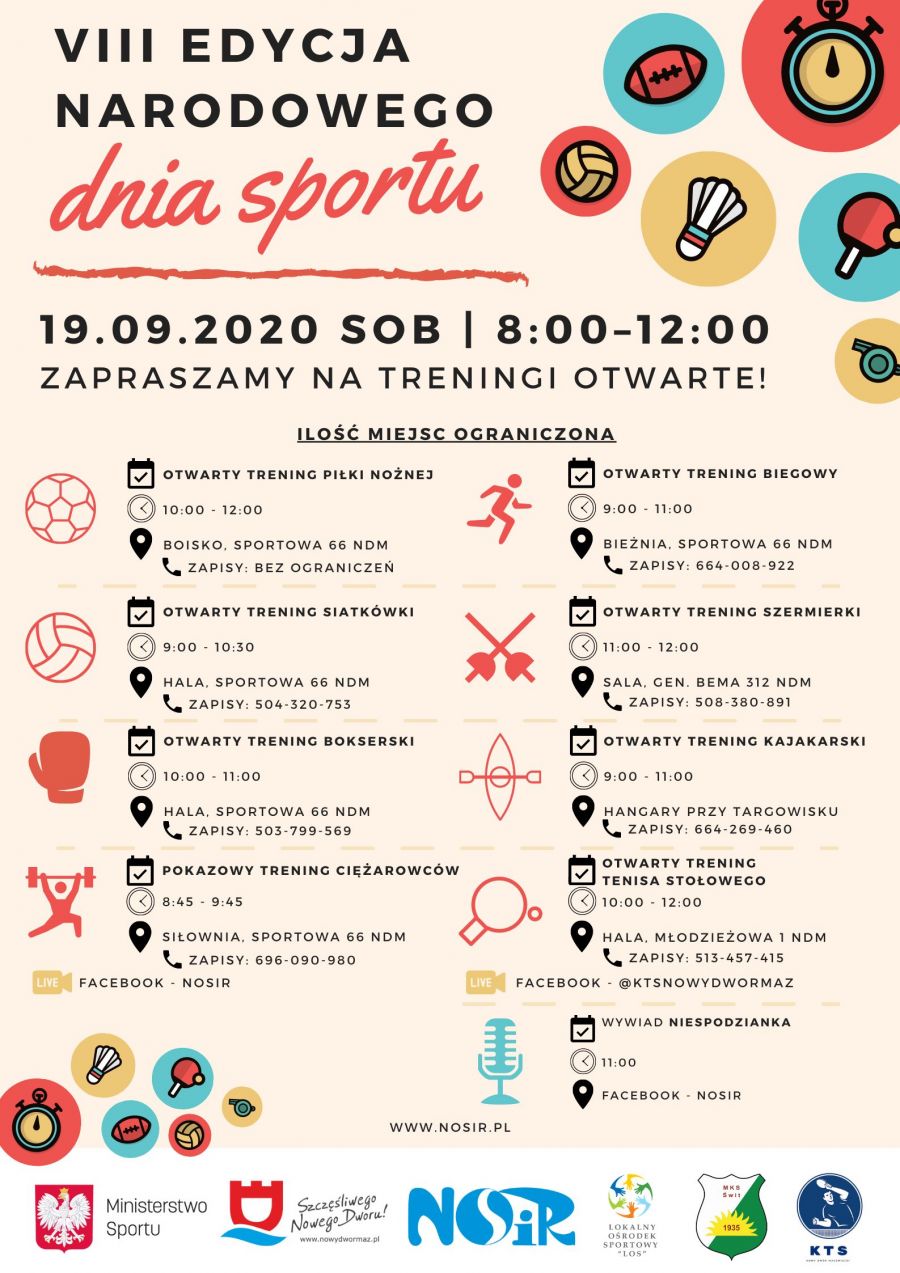 Na plakacie piktogramy obrazujące różne formy aktywności sportowej  -  treść plakatu w  warstwie tekstowej
