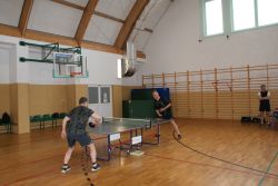 Dwóch mężczyzn w krótkich spodenkach i koszulkach z krótkimi rękawami grają w tenisa stołowego na niebieskim stole czarnymi...