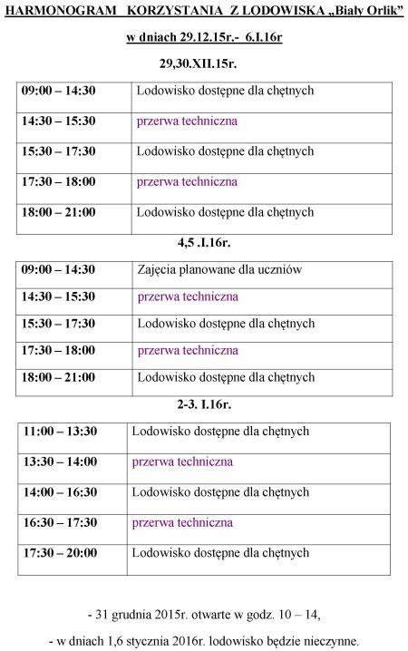 Harmonogram korzystania z lodowiska "Biały Orlik" w dniach 29.12.2015r. - 6.01.2016r.