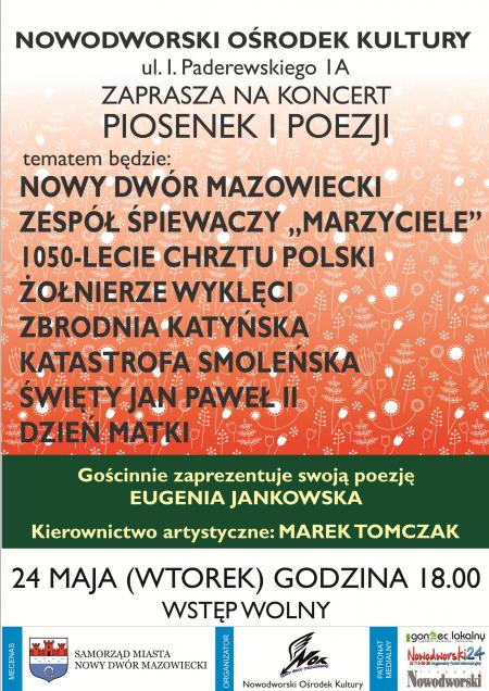 24.05.2016r. zapraszamy na koncert piosenek i poezji w wykonaku Marzycieli oraz Eugenii Jankowskiej.