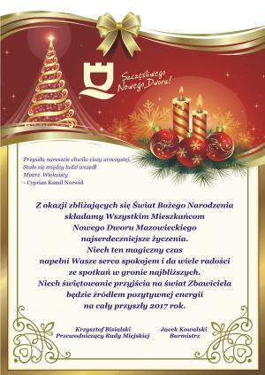 Życzenia świąteczne od władz miasta Nowy Dwór Mazowiecki.