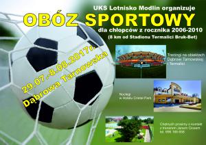 29.07.-8.08.2017r. UKS Lotnisko Modlin organizuje w Dąbrowie Tarnowskiej obóz sportowy dla chłopców z rocznika 2006-2010.