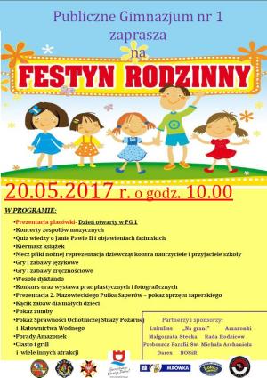 Publiczne Gimnazjum nr 1 zaprasza 20 maja 2017r. o godz. 10:00 na festyn rodzinny.