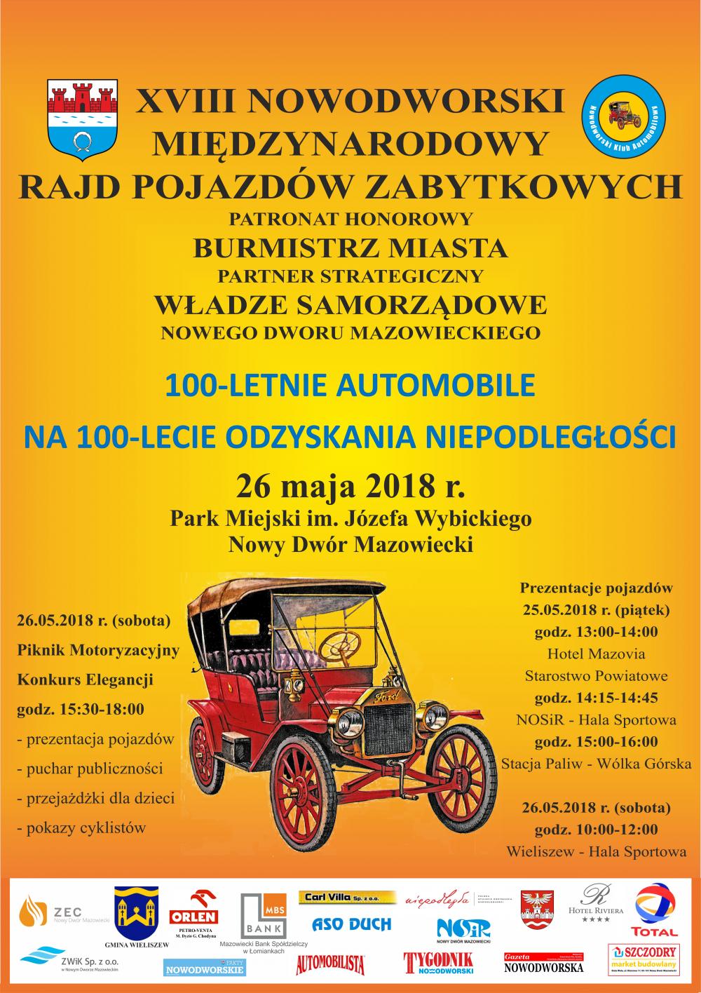 26.05.2018 r. w Parku Miejski im. Józefa Wybickiego odbędzie się XVIII Nowodworski Międzynarodowy Rajd Pojazdów Zabytkowych...