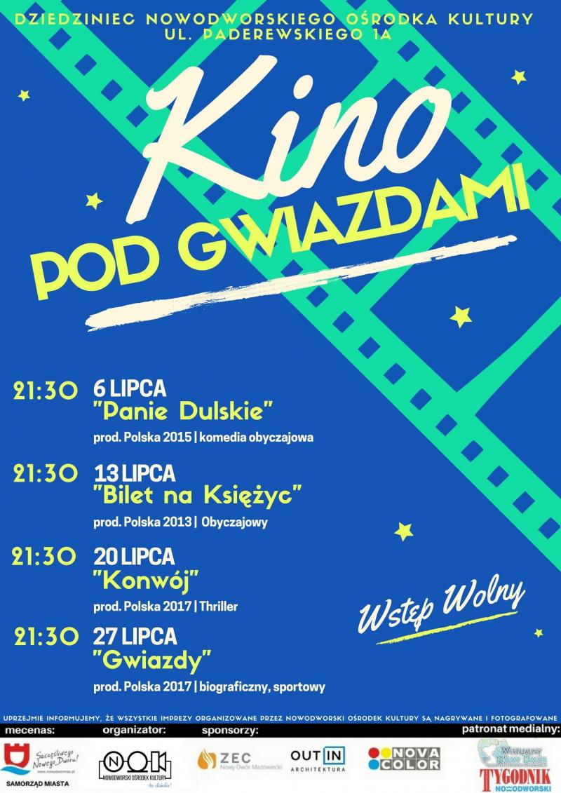 6, 13, 20 i 27.07.2018 r. na dziedzińcu Nowodworskiego Ośrodka Kultury "Kino pod Gwiazdami".