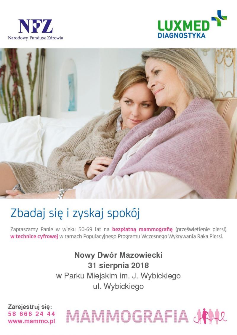 31.08.2018 r. w Parku Miejskim im. J. Wybickiego bezpłatne badania mammograficzne dla kobiet w wieku 50-69 lat.