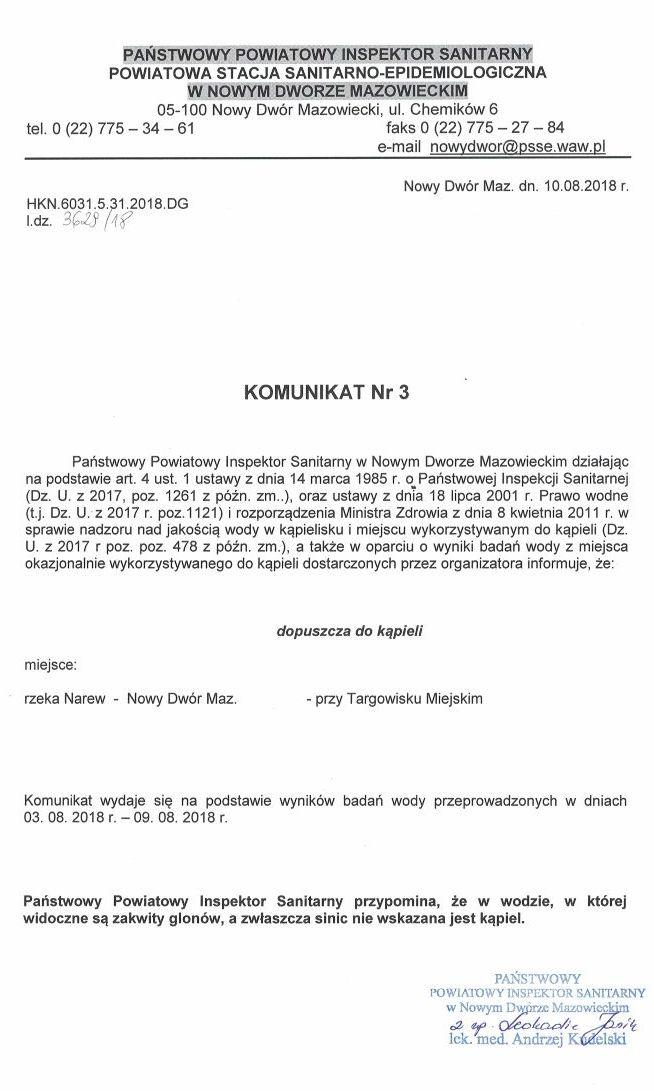 Komunikat nr 3 Państwowego Powiatowego Inspektora Sanitarnego w Nowym Dworze Mazowieckim - dopuszczenie do kąpieli przy...