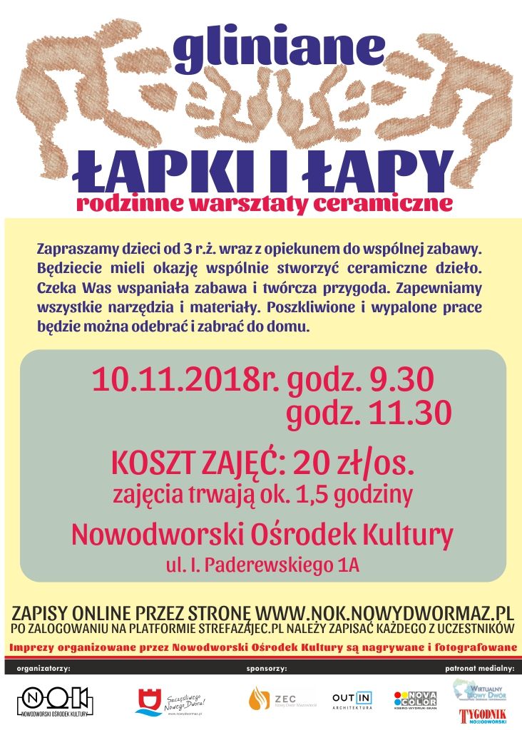 10.11.2018 r. godz. 9:30 i 11:30 zapraszamy do Nowodworskiego Ośrodka Kultury na rodzinne warsztaty ceramiczne "Gliniane...