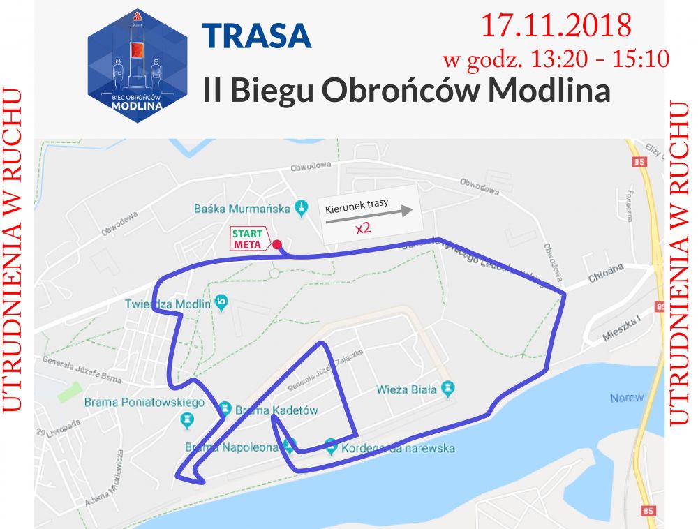 17.11.2018 r. w godz. 13:20-15:10 nastapią utrudnienia w ruchu w związku z II Biegiem Obrońców Modlina.