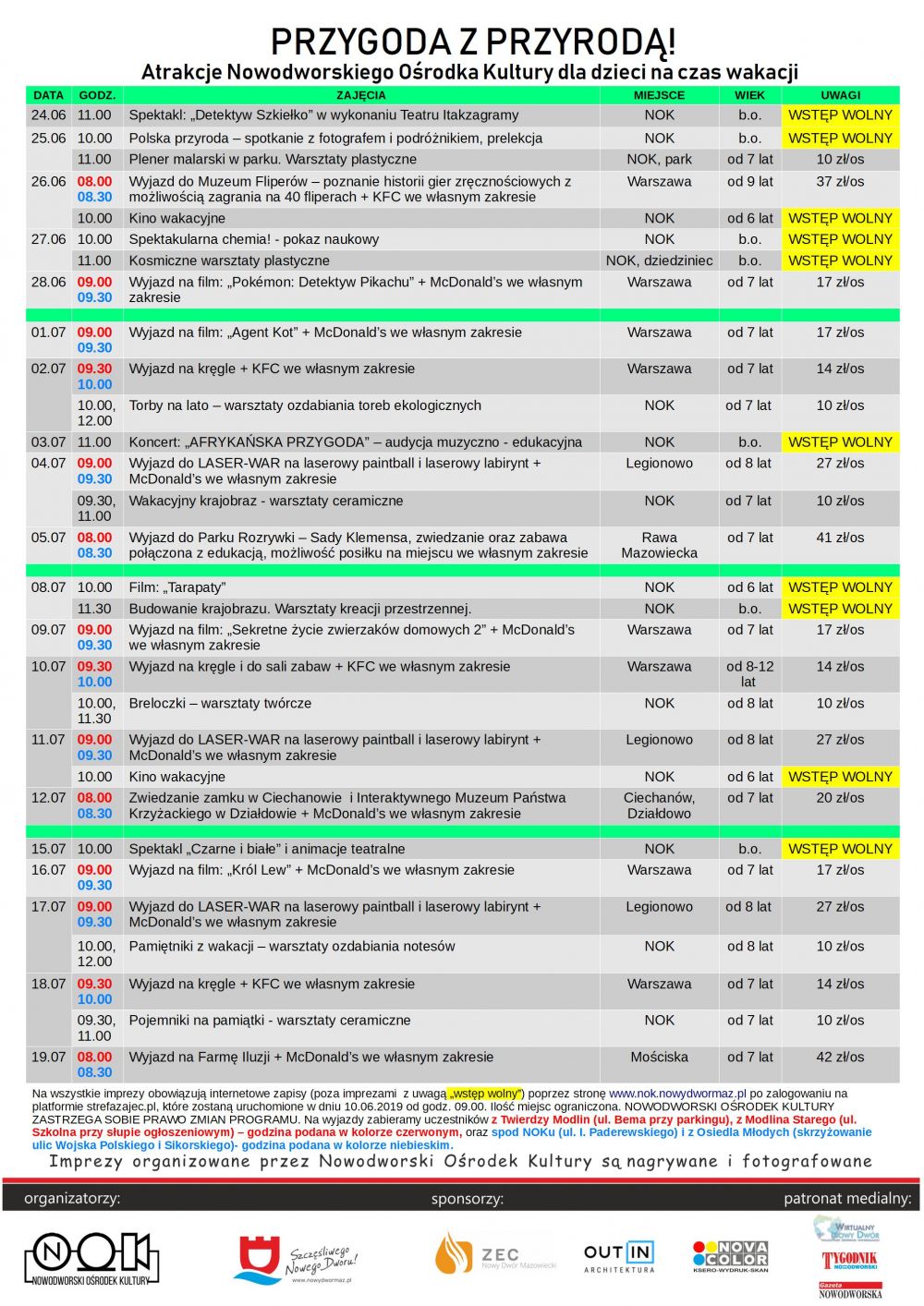 Program atrakcji Nowodworskiego Ośrodka Kultury dla dzieci na czas wakacji.