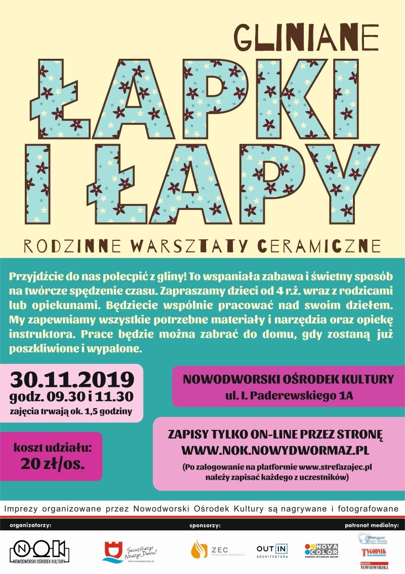 3.11.2019 r. o godz. 9:30 i 11:30 zapraszamy do Nowodworskiego Ośrodka Kultury na rodzinne warsztaty ceramiczne "Gliniane...