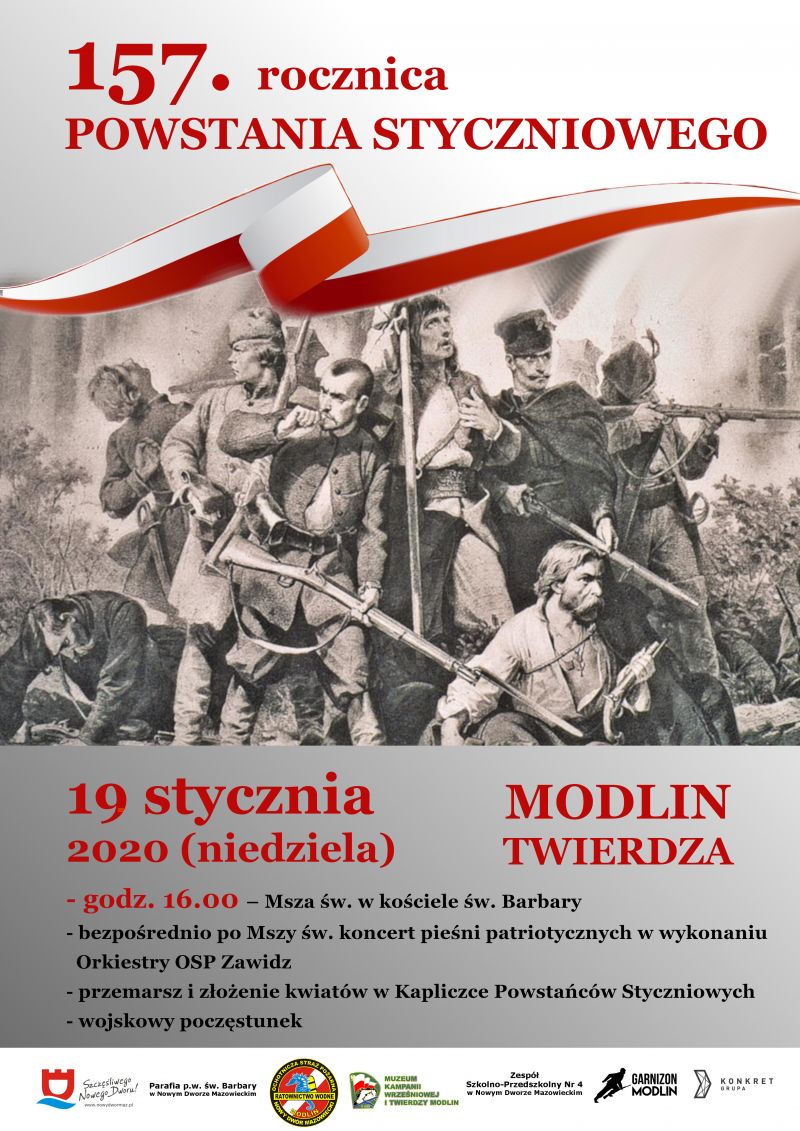 19.01.2020 r. o godz. 16:00 w Modlinie Twierdzy odbędą się uroczyste obchody 157. rocznicy Powstania Styczniowego.