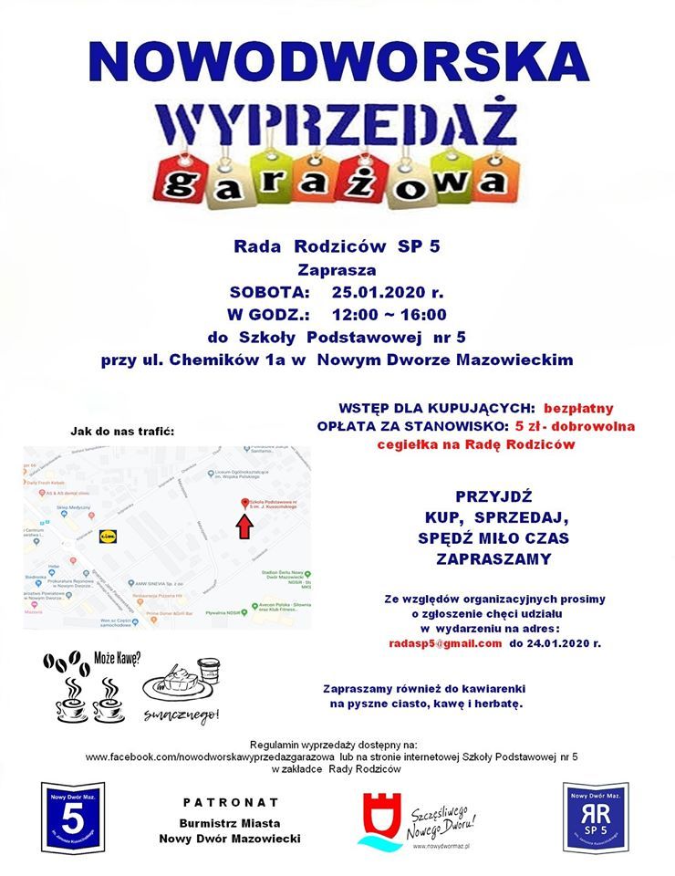 25.01.2020 r. w godzinach 12.00-16.00 w Szkole Podstawowej nr 5 odbędzie się „Nowodworska Wyprzedaż Garażowa”.