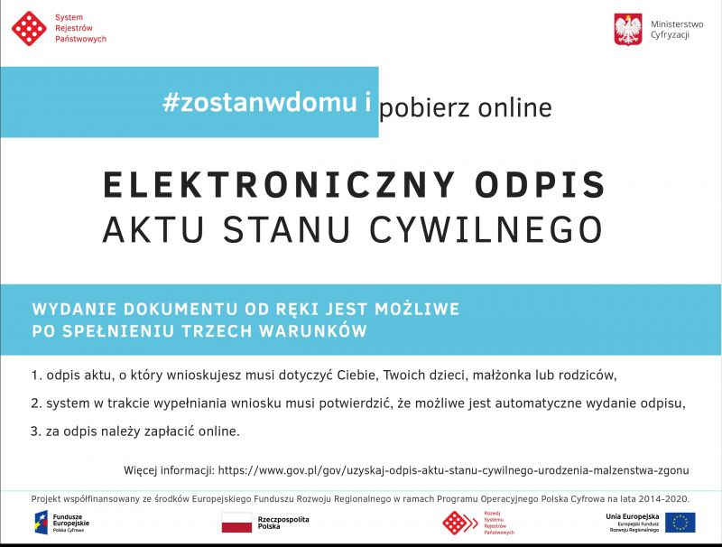 Ministerstwo Cyfryzacji informuje o możliwości elektronicznego uzyskania odpisu aktu stanu cywilnego.