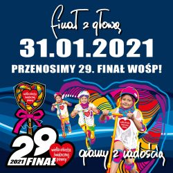 Grafika informującą o przeniesieniu 20. Finału WOŚP na 31 stycznia, kolorowe logo WOŚP.