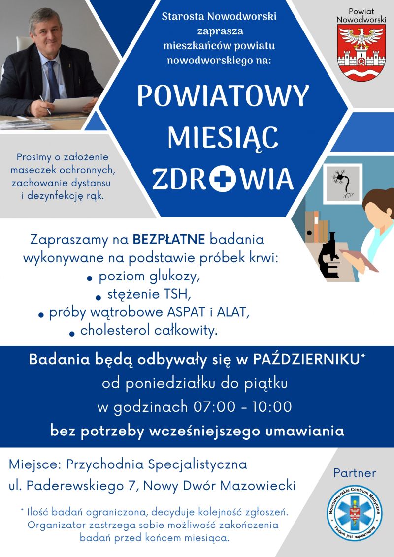 Starosta Nowodworski zaprasza mieszkańców powiatu nowodworskiego na „Powiatowy Miesiąc Zdrowia”.