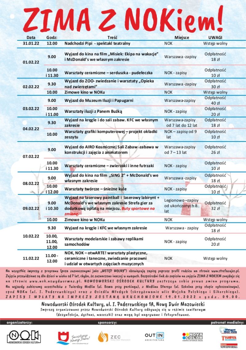 Plakat informacyjny w tle obrazek z zimowym pejzażem na pierwszym planie napisy informacyjne