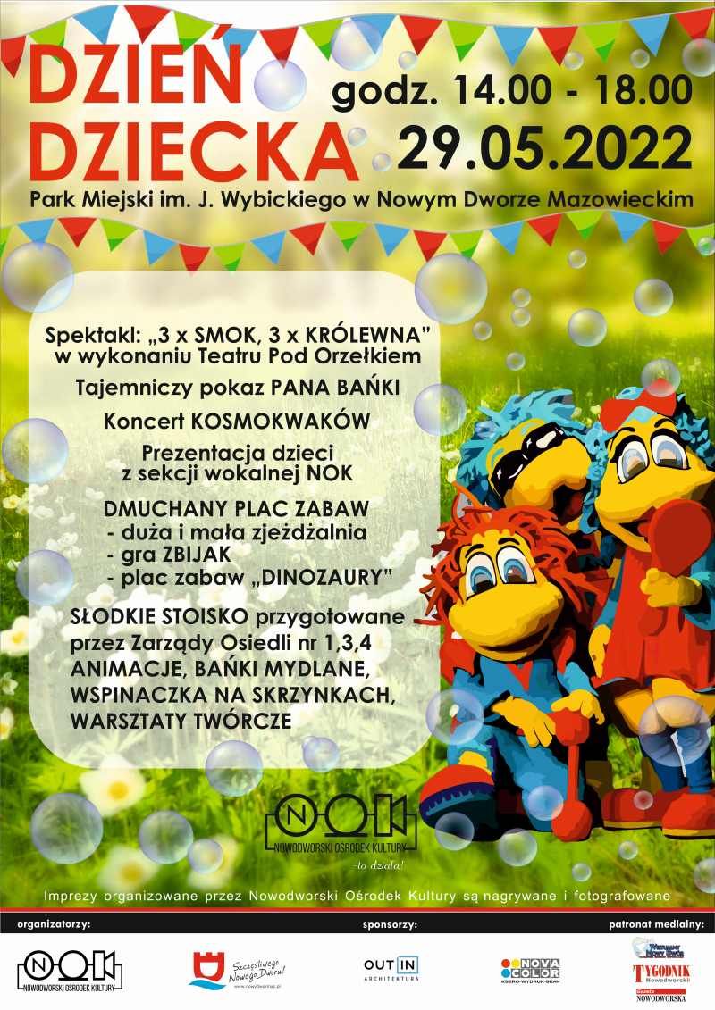 Dzień Dziecka 29.05.2022 godz. 14.00-18.00. Park Miejski im. J. Wybickiego.