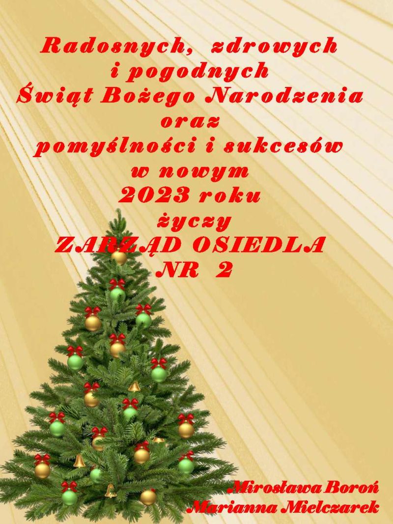 Na złotym tle życzenia świąteczne napisane czerwona czcionka oraz zielona choinka z zielonymi i złotymi bombkami z...