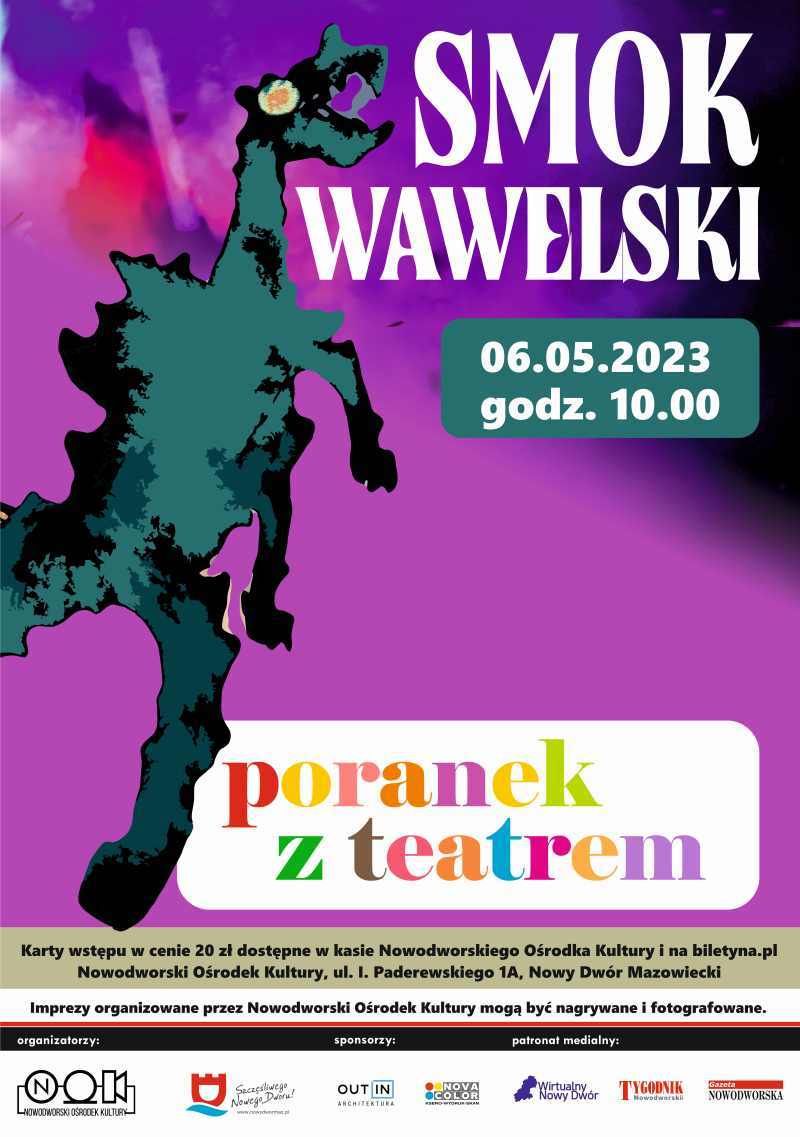 Na fioletowym tle zielony Smok Wawelski.