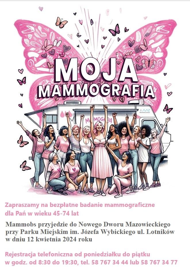 Na różowych skrzydłach motyla biały napis MOJA MAMMOGRAIA. Pod spodem biały samochód, a przednim 14 kobiet z uniesionym do...