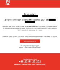 Na górze czerwony pasek z logo promocyjnym miasta nowy Dwór mazowiecki. Poniżej - Złożyłeś wniosek o Karta Mieszkańca 2024...