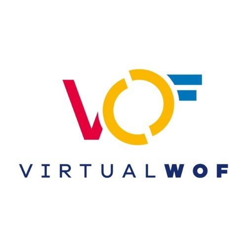 VIRTUALWOF. Czerwone V, żółte O, niebieskie F.