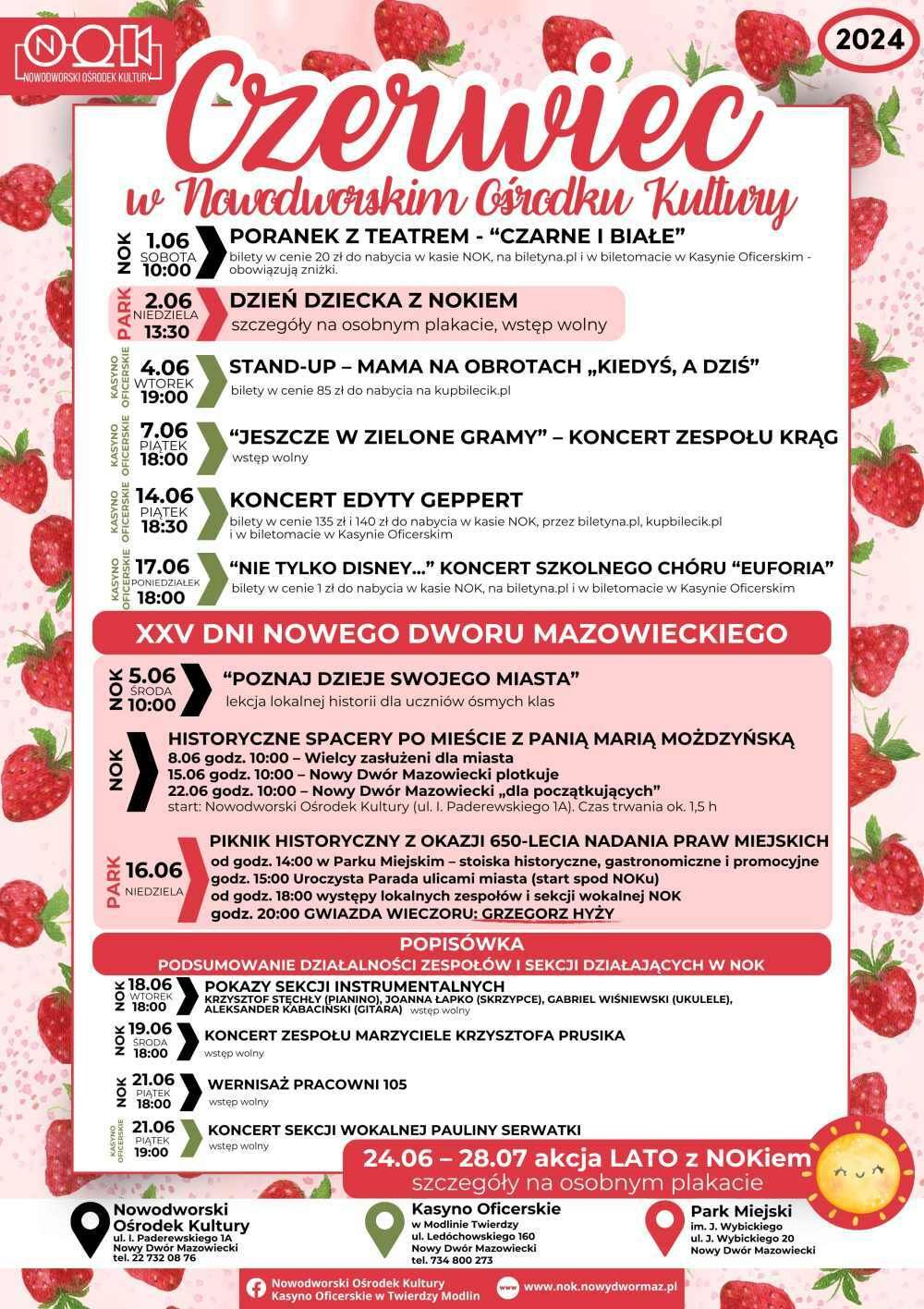 Dookoła propozycji przygotowanych przez Nowodworski Ośrodek Kultury w czerwcu rozmieszczone truskawki.