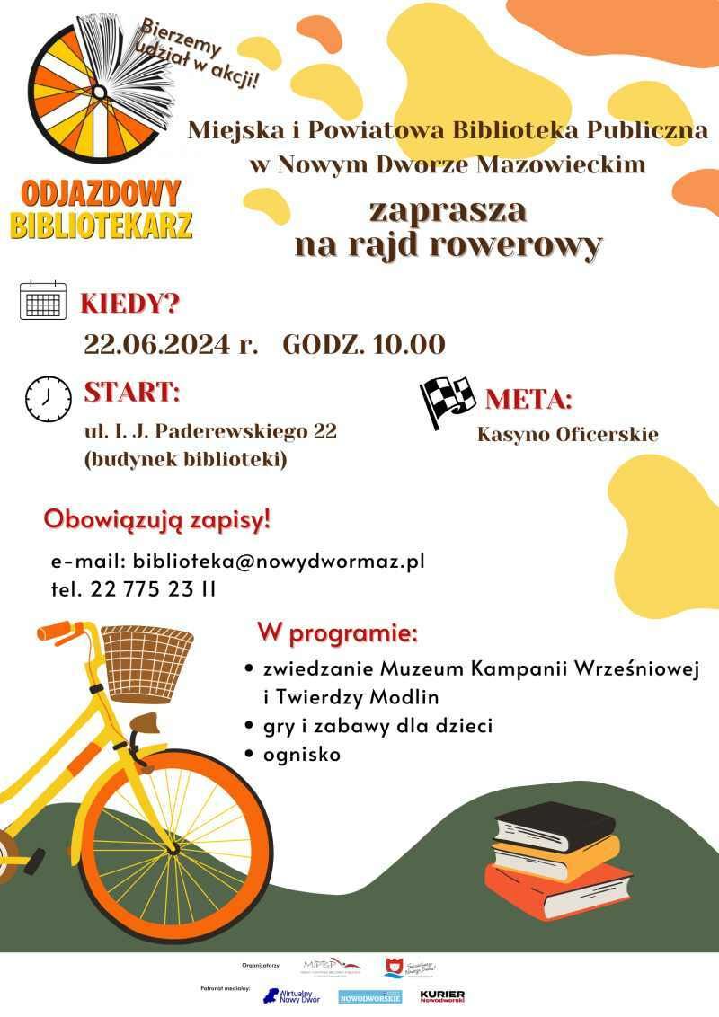 Z lewej strony pół żółtego roweru z pomarańczowym kołem, z prawej trzy książki leżące na sobie, na spodzie pomarańczowa,...