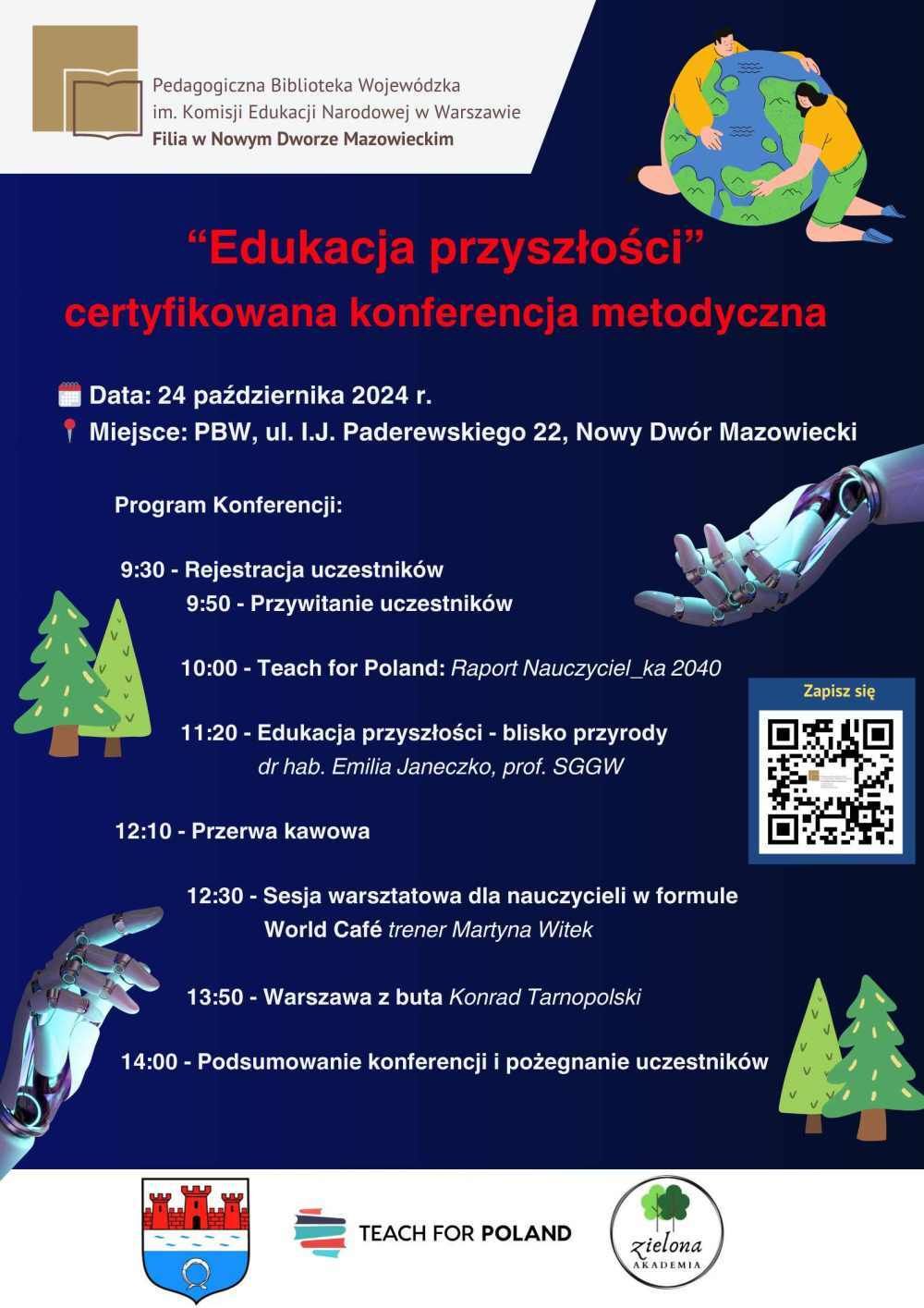 Mężczyzna z kobietą obejmują kulę ziemską. Dwie dłonie robota. Cztery drzewa iglaste.