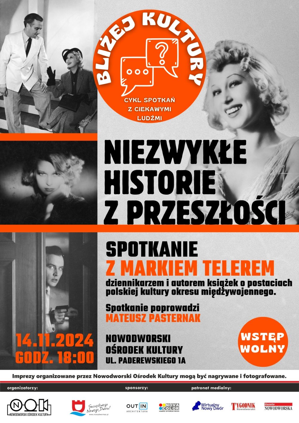 Cztery czarno-białe fotografie z kobietami i mężczyznami.