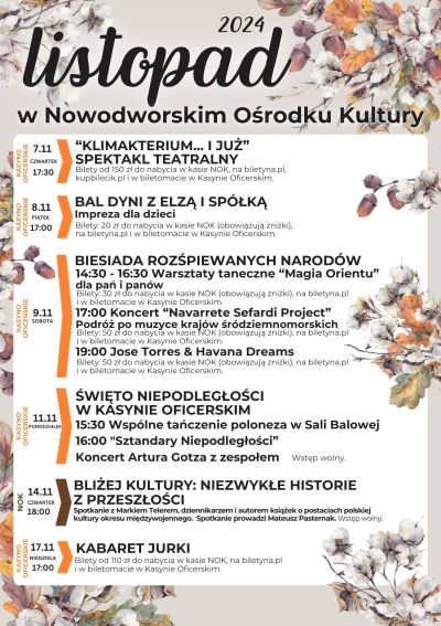 Żołędzie, liście dębu i różnokolorowe kwiaty.