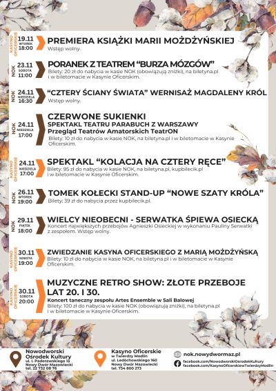 Żołędzie, liście dębu i różnokolorowe kwiaty.