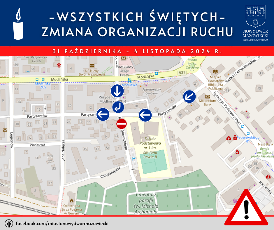 Plan miasta z ulicami, budynkami i zmianą organizacji ruchu w formie białych strzałek w niebieskich kółkach.