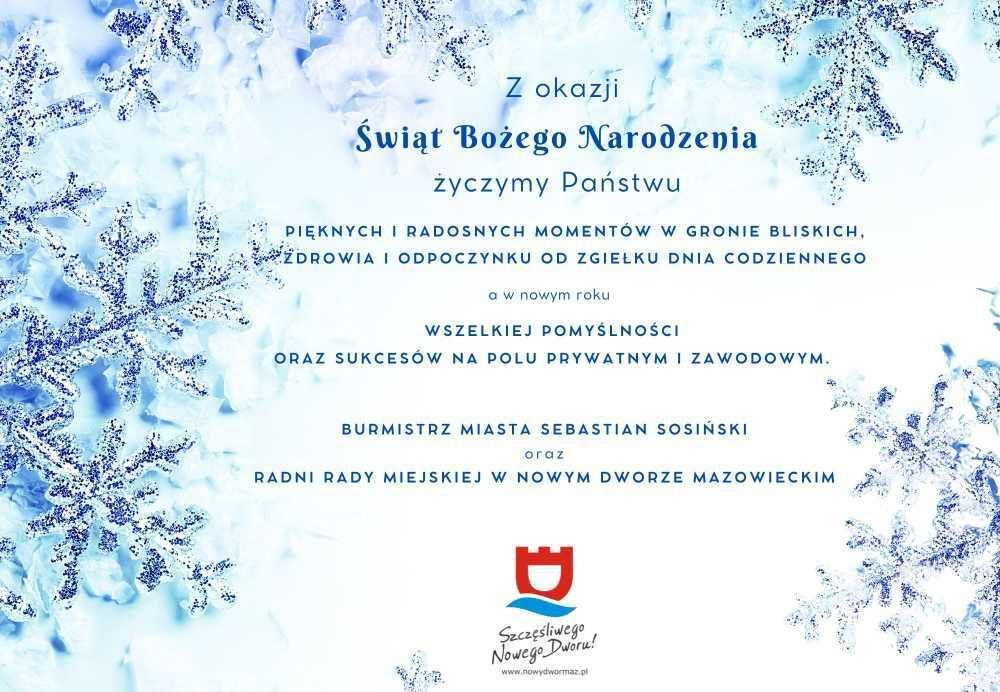 Śnieżynki i życzenia świąteczno-noworoczne.