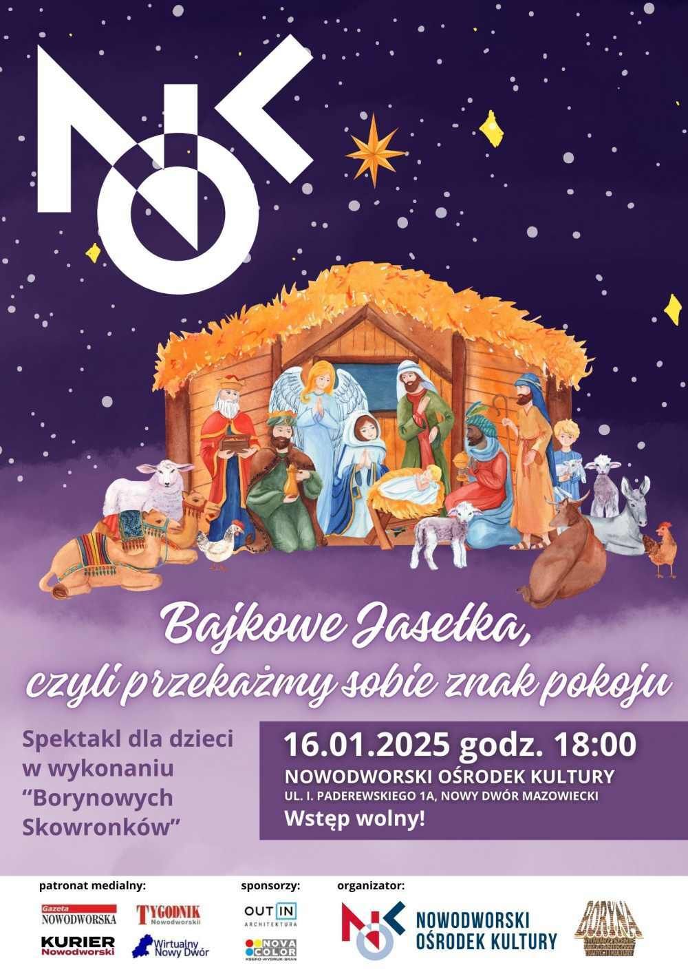 Przed stajenką Jezus w żłobie, Maryja, Józef, trzej królowie i zwierzęta.
