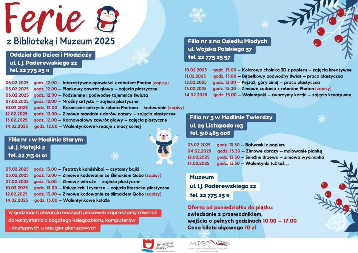 Pingwinek z nausznikami i w szaliku, miś w szaliku oraz gałązki liściate i iglaste.