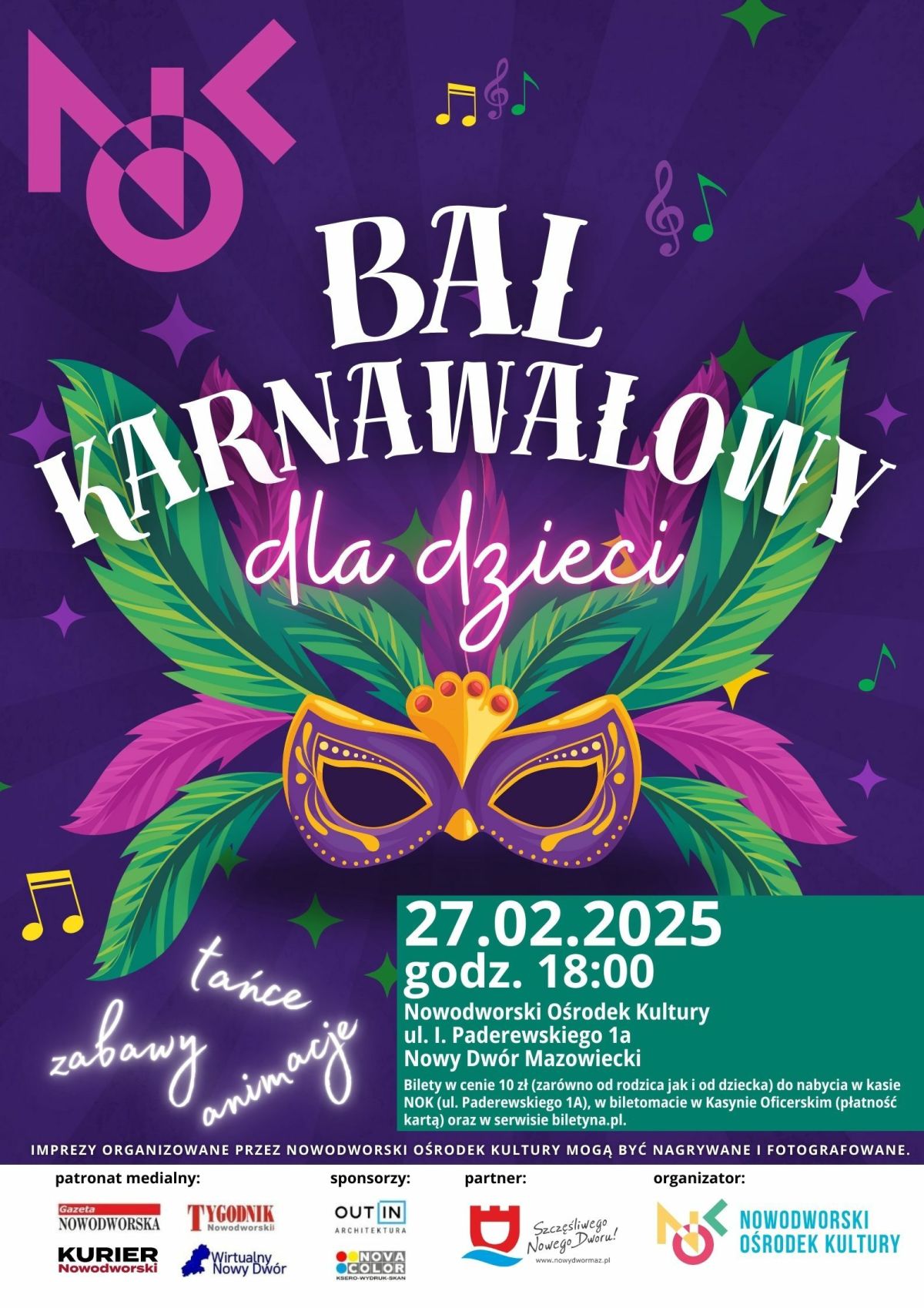 Maska karnawałowa na różnokolorowym tle oraz napisy informacyjne.