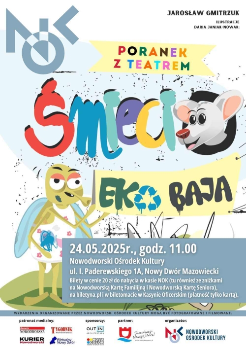 Głowa szczurka wystająca z otworu oraz stojąca na dwóch nogach mucha w fartuszku trzymająca baner Eko Baja.