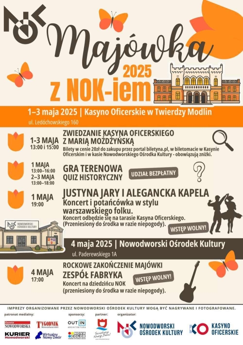 Dwa zabytkowe budynki, motyle, tulipany, tańcząca para, gitara, lupa.
