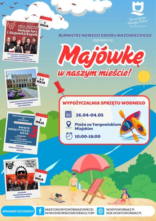Kobieta, dziewczynka i mężczyzna na plaży przy leżaku i parasolu. Powyżej dwa kajaki.