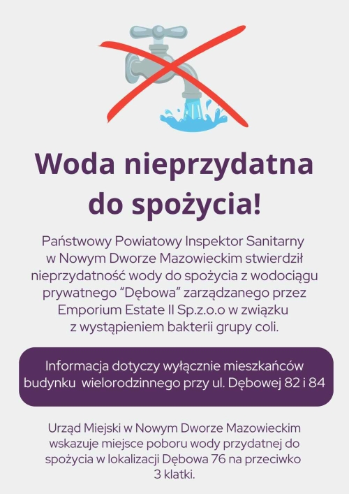 Przekreślony dwiema czerwonym, krzyżującymi się liniami szary kran, z którego leci woda.