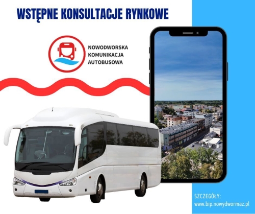 Biały autobus i ekran smartfonu ze zdjęciem budynków wielorodzinnych.