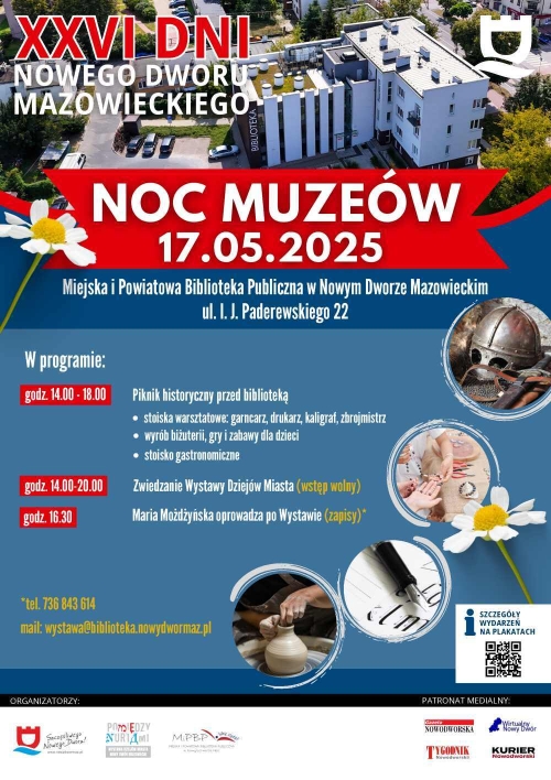 Nowoczesny budynek z lotu ptaka, hełm i miecz rycerski, koraliki na doniach, pióro wieczne, gliniany dzbanek w dłoniach.