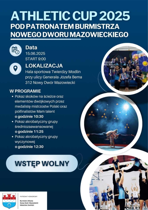Dziewczynki z dyplomami i medalami. 2 mężczyzn w figurze akrobatycznej. Dwie dziewczynki w szpagacie trzymane w powietrzu.