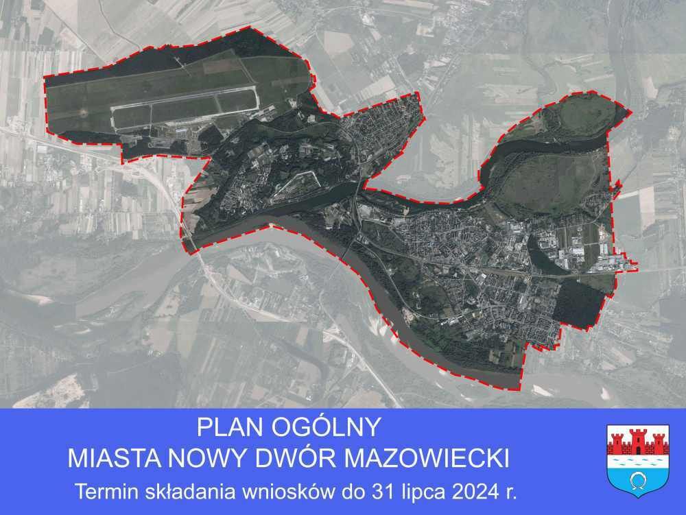 Zarys granic Masta Nowy Dwór Mazowiecki z lotu ptaka.
