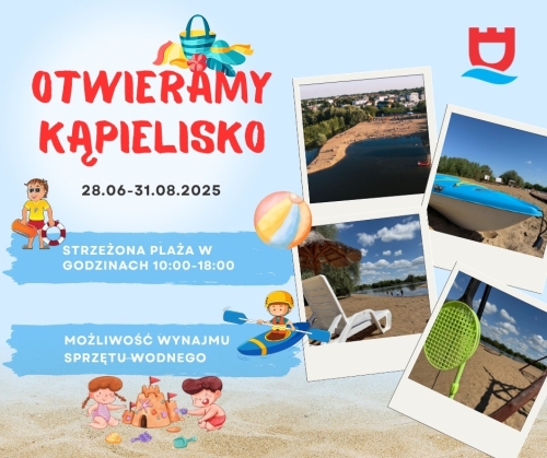 Plaża nad rzeką, mężczyzna z kołem ratunkowym , chłopiec w kajaku, dzieci budujące zamek z piasku.
