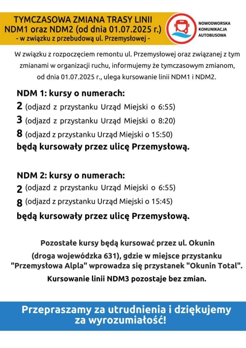Tymczasowa zmiana trasy linii NDM1 oraz NDM2 od dnia 1.07.2025 r. – w związku z przebudową ul. Przemysłowej.