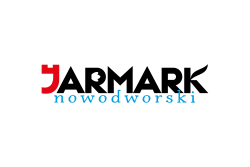 logotyp jarmarku, czerwona litera j, reszta wyrazu czarna poniżej niebieski napis nowodworski